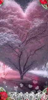 Heart-shaped snowy tree with pink hues surrounded by roses and winter scenery.