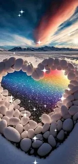 Heart-shaped stone arrangement with a colorful rainbow reflection in the snow.