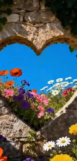 Heart-shaped stone opening with colorful flowers and blue sky.
