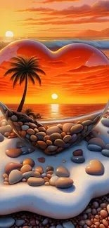 Heart-shaped beach scene with sunset and palm tree.