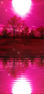 Heart-shaped pink sunset reflecting over a serene lake.