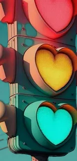 Heart-shaped traffic light with teal, red, and yellow highlights.