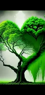 Heart-shaped tree art with vibrant green foliage.