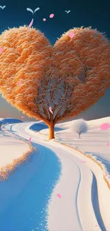 Heart-shaped tree with orange foliage in a snowy winter landscape.