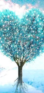 Vibrant heart-shaped tree glowing under a starry night sky.