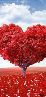 Heart-shaped tree on a red field with blue sky background.