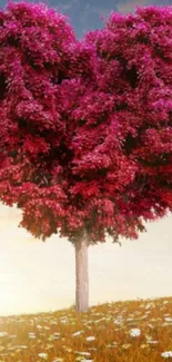 Heart-shaped tree with magenta leaves at sunset in nature.