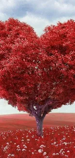 Heart-shaped red tree in scenic landscape.