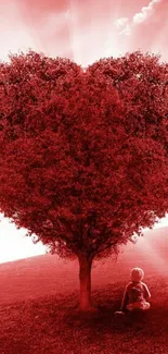 Heart-shaped tree with a red sky.