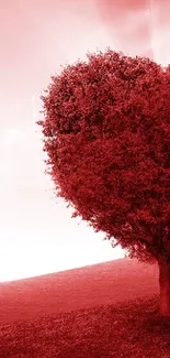 Red heart-shaped tree on a serene landscape.