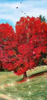 Heart-shaped red tree in a scenic landscape.