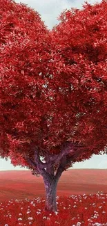 Heart-shaped red tree in a serene landscape, perfect mobile wallpaper.