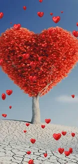 Heart-shaped red tree under a blue sky.