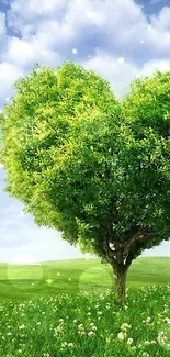 Heart-shaped tree on a green field under a blue sky.