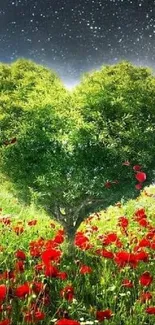 Heart-shaped tree in a field of red poppies under a starry sky.