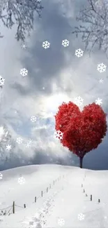 Heart-shaped red tree in snowy winter landscape.