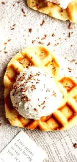 Heart-shaped waffles topped with ice cream scoops on a textured surface.