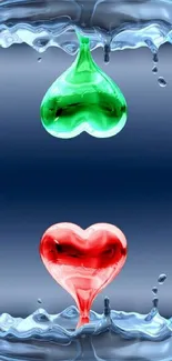 Heart-shaped water droplets in green and red against a blue background.