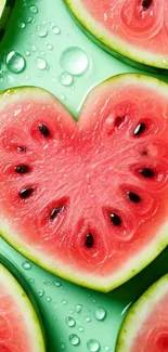 Heart-shaped watermelon slice on green background.