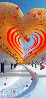 Heart-shaped trees along a snowy path in winter scene wallpaper.