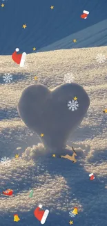 Heart-shaped snow with festive holiday decorations on a winter scene.