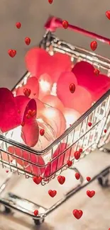 Shopping cart filled with glowing red hearts on a cozy background.