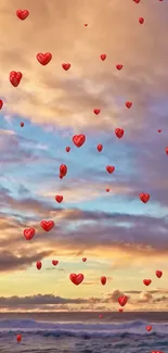 Romantic sunset beach with red heart balloons floating in the sky.