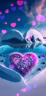 Snowy heart-shaped lake with vibrant sky.