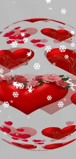 Heart sphere with roses and snowflakes on gray background.