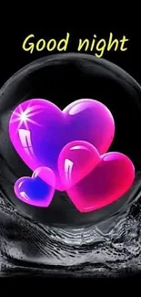 Vibrant purple and pink hearts on a black background with 'Good night' text.