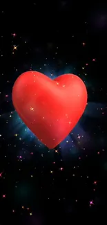 A glowing red heart against a starry black background.