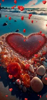 Heart-shaped stones on a beach at sunset with waves in the background.