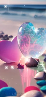 Heart-shaped stones on a vibrant beach at sunset.