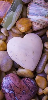 Heart-shaped stones on brown pebbles, serene wallpaper.