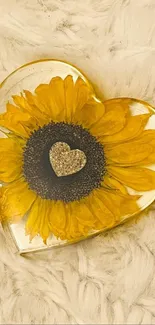 Heart-shaped sunflower on fluffy background wallpaper.