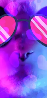 Cat with pink heart sunglasses on a blue and purple background.