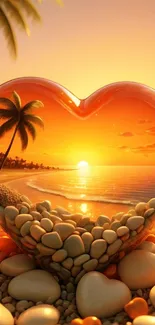 Heart-shaped sunset beach with palm, perfect for tranquil mobile wallpaper.