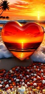 Vibrant sunset with heart shape on beach