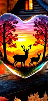 Heart-shaped sunset and deer scene with vibrant autumn colors.