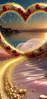 Heart-shaped design with golden sunset and fantasy elements on a mobile wallpaper.