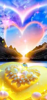 Vibrant heart sunset over mountains with blue waters, fantasy wallpaper.