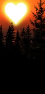 Heart shaped sunset over forest silhouette wallpaper.