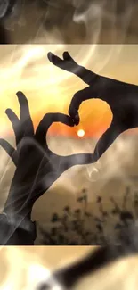 Hands forming heart with sunset silhouette in background.