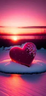 Pink sunset with a heart on snow, creating a romantic and serene atmosphere.