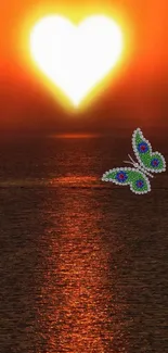 Heart-shaped sunset over ocean with butterfly, in vibrant orange hues.