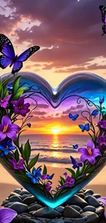 Heart-shaped sunset with butterflies and flowers in a vibrant beach scene.
