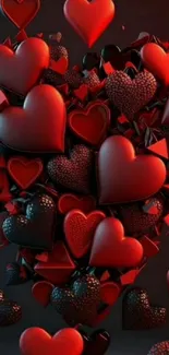 3D heart-themed wallpaper with vibrant red and black hearts creating a stunning visual effect.