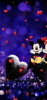 Cute cartoon characters with hearts on a purple background.