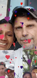 Heart-themed selfie wallpaper with a smiling couple and vibrant colored hearts.