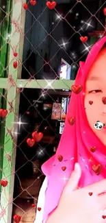 Girl with pink hijab surrounded by hearts and panda sticker.